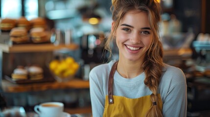 This image portrays a young female barista with braided hair and a bright smile, serving coffee with joy in a bustling cafe, encapsulating the essence of hospitality and service.