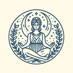 Classic Women Meditation Pose Minimalist Line Drawing Circle Logo Illustration