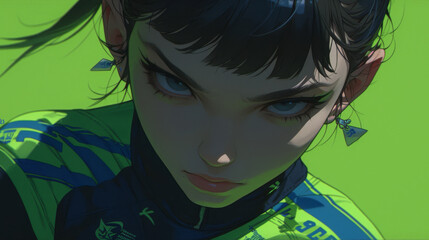Anime girl portrait with intense stare. Cyberpunk, gaming, digital art, illustration