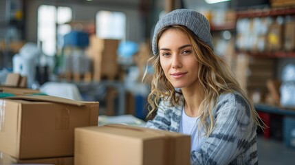 Young woman in a beanie and sweater surrounded by boxes in a warehouse setting, exuding a sense of professionalism and focus on her tasks.