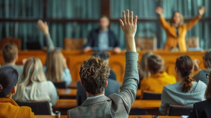 An organized meeting environment where individuals raise their hands to participate creates a collaborative and engaging atmosphere, reflecting active involvement and decision-making.