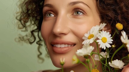 A delighted woman with curly hair and light freckles smiles while holding a bunch of daisies close to her face, conveying happiness and peacefulness under soft lighting.