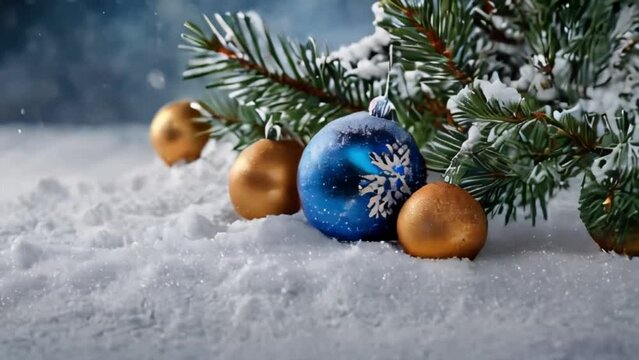 Christmas blue balls on snowy background