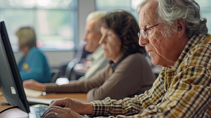Older people learning to use the computer, in computer classes for adults.