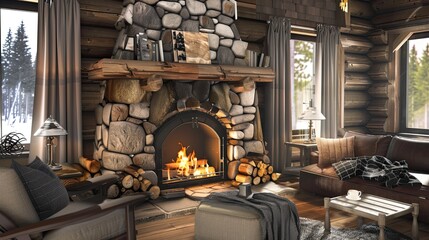 Cozy cabin retreat with a stone fireplace.