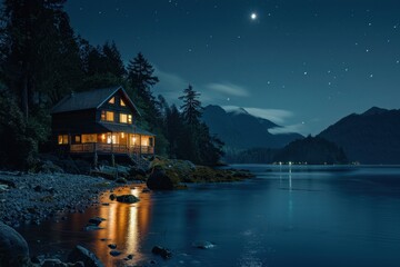 Fototapeta premium house on the water in Whirty Lake at night with lights shining from the windows, on a rocky beach on Vancouver Island with trees and mountains in the background Generative AI