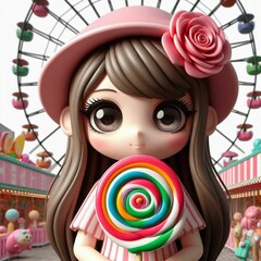 A young girl holding a rose stripped lolipop with large eyes in front of a Ferris wheel. The image is colorful in plastic material, 3D character illustration style