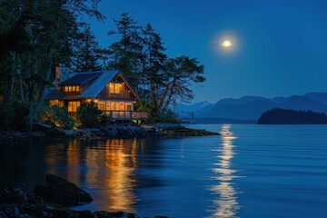 Fototapeta premium A cozy house on the edge of an island in Washington, surrounded by water and trees at night with moonlight reflecting off the ocean's surface, creating long shadows Generative AI