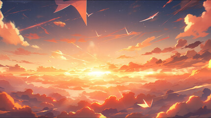 Stunning sunset sky with vibrant colors, fluffy clouds, and sun rays. Perfect for backgrounds, wallpapers, and digital art projects.