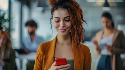 A young woman joyously using her phone in a modern office setting, signifying a positive and engaging workplace amidst a vibrant and collaborative atmosphere.