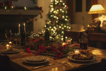 Obraz premium Christmas table and house decoration, post cart, space for text, photorealistic, warm lighting