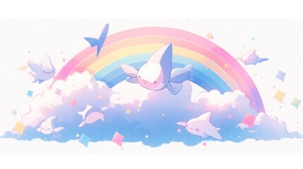 Whimsical illustration of cute baby sharks flying in the clouds with pastel rainbow, perfect for children's books, wallpapers, and fantasy designs.