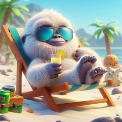 An adorable yeti lays in a lawn chair at the beach, wearing sunglasses and holding a lemonade. The yeti is in a 3D illustrated animation style.