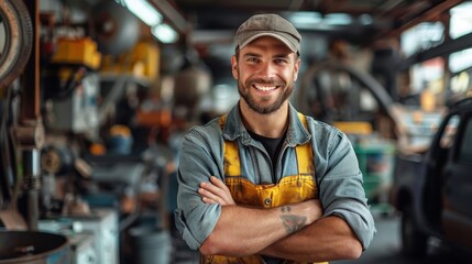 A bearded mechanic with a bright smile, wearing yellow overalls and a cap, in a bustling workshop filled with automotive tools and machinery, showcasing skilled labor.