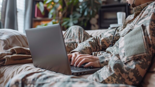 A military personnel dressed in camouflage uniform is engaged in typing on a laptop, seated comfortably indoors, highlighting technology use in modern military life.