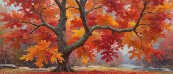 A vibrant maple tree in autumn, with bright red and orange leaves, depicted in thick oil layers to highlight the rich colors and seasonal beauty, Generative AI