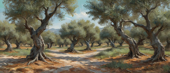 A peaceful olive tree grove in the Mediterranean, with twisted trunks and silvery-green leaves, rendered in thick oil paint to capture the serene ambiance and textured bark, Generative AI