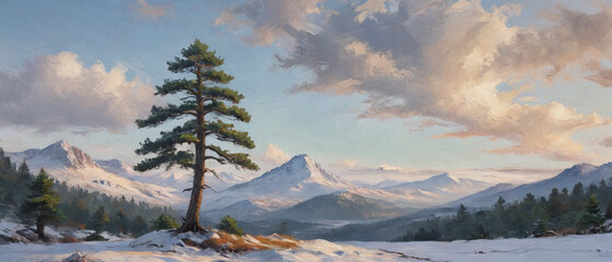 A solitary pine tree standing against a snowy mountain backdrop, depicted in thick oil layers to emphasize its evergreen foliage and the crisp, wintry scene, Generative AI