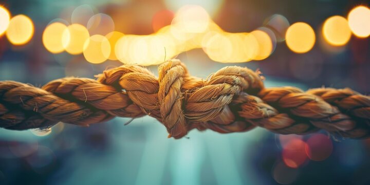 A rope is tied in a knot, with the knot being in the middle of the rope