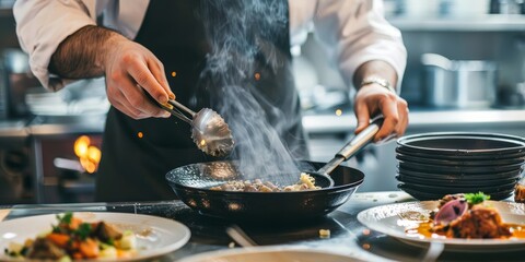 A chef is cooking food in a pan with steam coming out of it