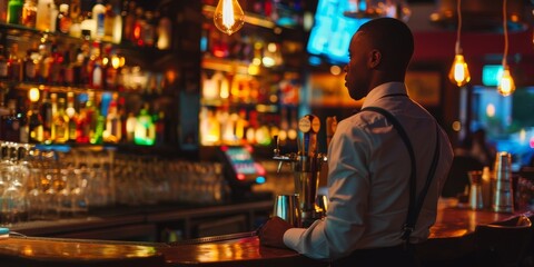 A man in a white shirt and suspenders stands behind a bar