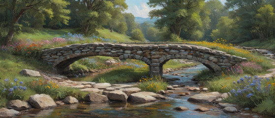 A quaint stone bridge over a gently winding stream, with wildflowers blooming along the banks, rendered in thick oil paint to capture the vibrant colors and textured stones, Generative AI