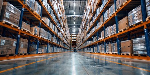 Fototapeta premium A large warehouse with many boxes on the shelves