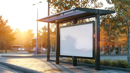 Fototapeta premium Modern bus stop with blank advertisement board at sunset mockup