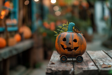 halloween house decoration post cart], space for text, photorealistic, warm lighting