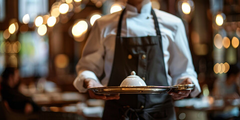 Naklejka premium A man in a chef's uniform is holding a tray with a white dish on it