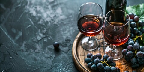 A wine glass with a red liquid in it is on a wooden tray