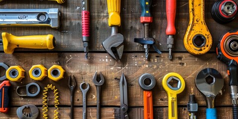 A collection of tools are displayed on a wooden surface