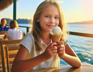 A girl eating ice cream in a cafe, with the sea in the background. Holidays, summer, rest