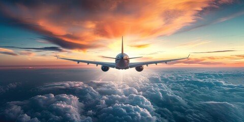 A plane is flying through the sky with a beautiful sunset in the background