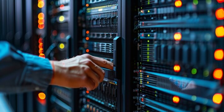 A person is touching a computer server