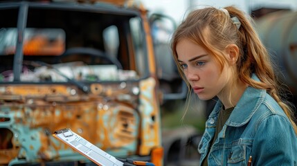 A young female worker documents the vehicle inspection process using a clipboard, underscoring her meticulous attention to detail and precision in an outdoor industrial environment.