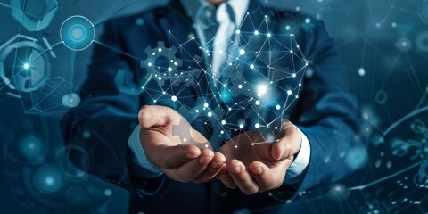 A man is holding a blue globe in his hand