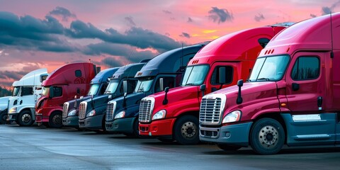 A row of semi trucks are parked in a lot