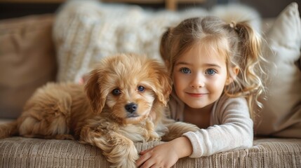 A young girl with pigtails and blue eyes lies next to her fluffy puppy on a soft couch, both displaying charming expressions, epitomizing tender moments of childhood and pet companionship.