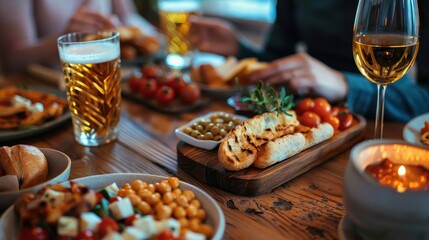 A group of people enjoying a spread of appetizing food and refreshing drinks at a table, creating a mood of cozy and warm shared moments amidst conversation and laughter.