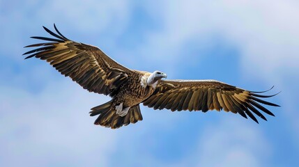 Obraz premium A vulture glides gracefully with its wings spread wide in the clear blue sky, showcasing its powerful and striking appearance, symbolizing freedom and nature’s beauty.