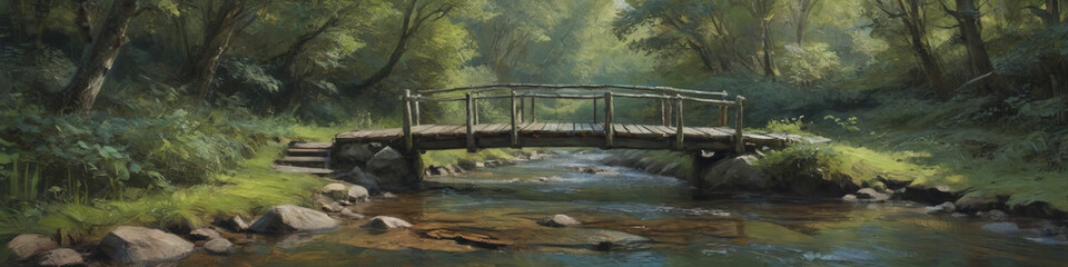 A simple wooden footbridge over a babbling brook in a dense forest, depicted in thick oil layers to emphasize the rich greenery and flowing water, Generative AI