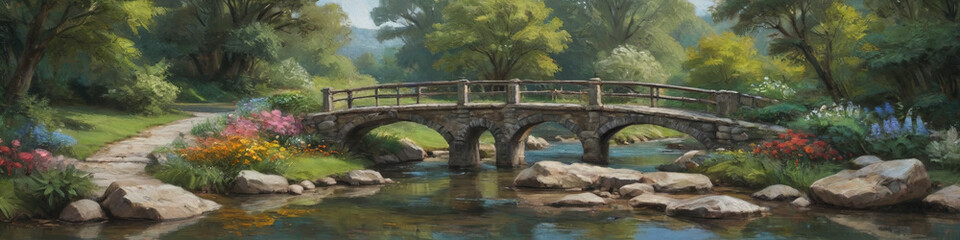 Fototapeta premium A quaint stone bridge over a winding brook, with lush greenery and colorful flowers on the banks, rendered in thick oil paint to capture the vibrant colors and textured stones, Generative AI