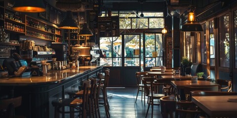Fototapeta premium A restaurant with a lot of tables and chairs