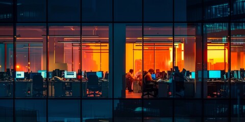 A group of people are working in an office with orange lights