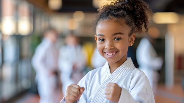 Young girl in a karate uniform smiles brightly, showcasing her readiness and enthusiasm for martial arts in a bright, bustling dojo environment with others in the background. - Powered by Adobe