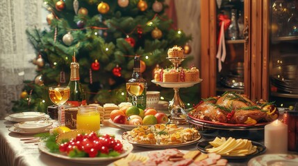 Fototapeta premium An inviting Christmas dinner table laden with a variety of food, including a roasted turkey and desserts, set against a backdrop of a beautifully decorated Christmas tree.