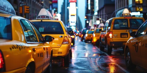 Fototapeta premium A busy city street with many yellow cabs and other vehicles