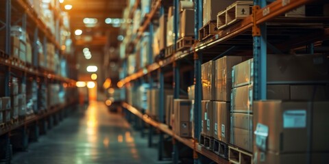 Fototapeta premium A warehouse with many boxes on the shelves