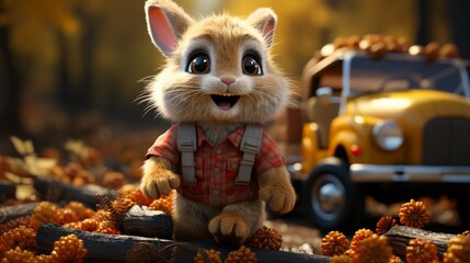 Adorable 3D rendered bunny rabbit dressed for fall adventure. Cute animal character with truck, leaves, and pumpkins. Perfect for autumn, children's illustrations, and animation projects.